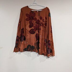 Cleo Petites Floral Cotton Blouse with Keyhole Back Rust Orange Size XL